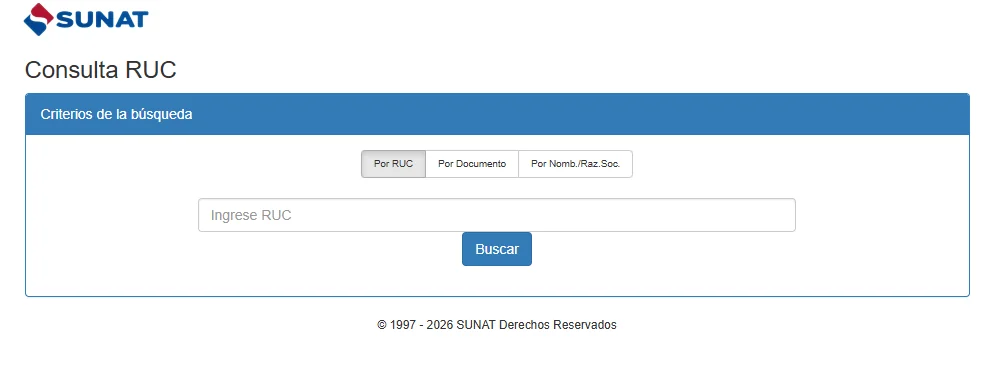 Captura del buscador oficial de RUC en SUNAT mostrando las pestañas para consultar por número de RUC, DNI o razón social